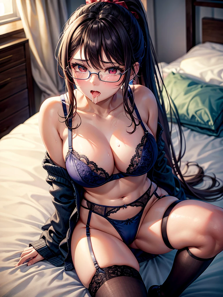 Highest quality,Highest Resolution,A beautiful girl with a crying face spilling a lot of seductive saliva,Full body close-up,looking at the camera,Red eyes,ponytail,Brown Hair,Navy blue bra,Navy blue underwear,High leg,Dark blue garter belt,Dark blue knee-high stockings,Dark bedroom at night,Purple bedding,Sweating profusely,Open your mouth,Tears,Sleep in bed,Glasses,