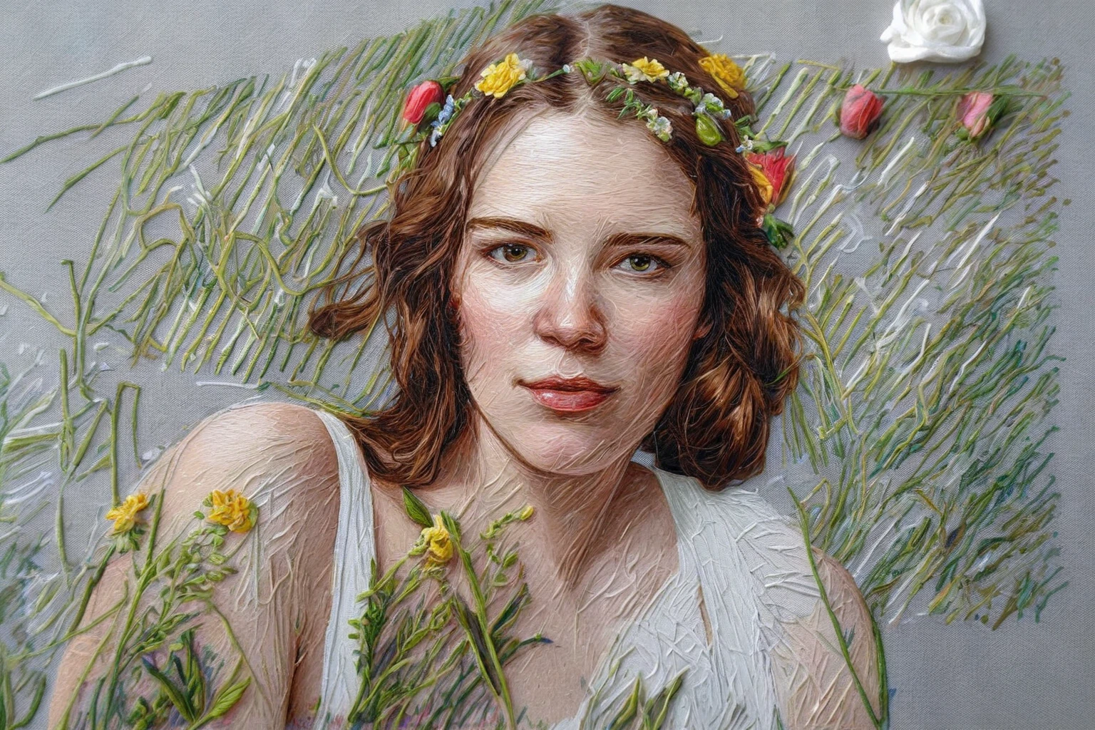 close-up image of a woman with a flower in her hair, very fine detail painting inspired by Eva Švankmajerová, flickr, serial art, portrait no. 1, 4/3 portrait, kate winlet portrait, detailed portrait of a woman, portrait of a woman with flowers, close - up portrait, medium close up portrait