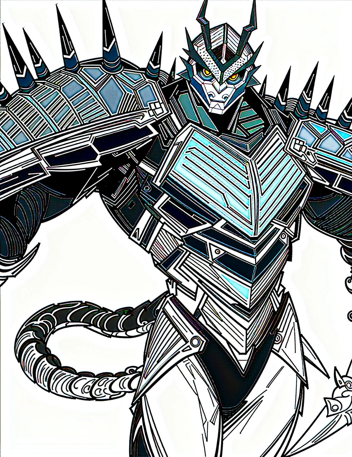 a drawing of a man with a large horned head and a sword, dragon cyborg, cyborg dragon portrait, sharp robot dragon claws, with scaly-looking armor, male robotic anthro dragon, well armored mech dragon, with robot dragon head, robot mecha female dragon head, robot dragon claws, greek god in mecha style, mecha inspired, dragon inspired armor, clean lines, clean lineart, refined, refined details
