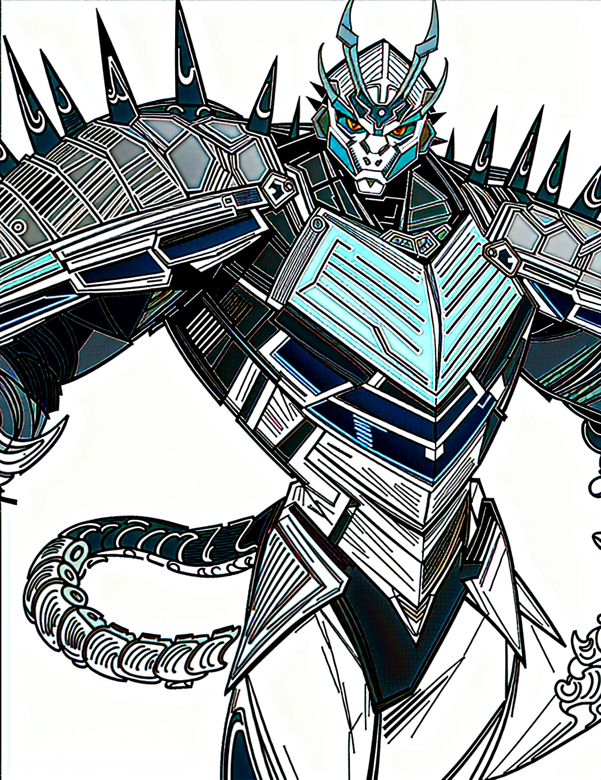 a drawing of a man with a large horned head and a sword, dragon cyborg, cyborg dragon portrait, sharp robot dragon claws, with scaly-looking armor, male robotic anthro dragon, well armored mech dragon, with robot dragon head, robot mecha female dragon head, robot dragon claws, greek god in mecha style, mecha inspired, dragon inspired armor, clean lines, clean lineart, refined, refined details