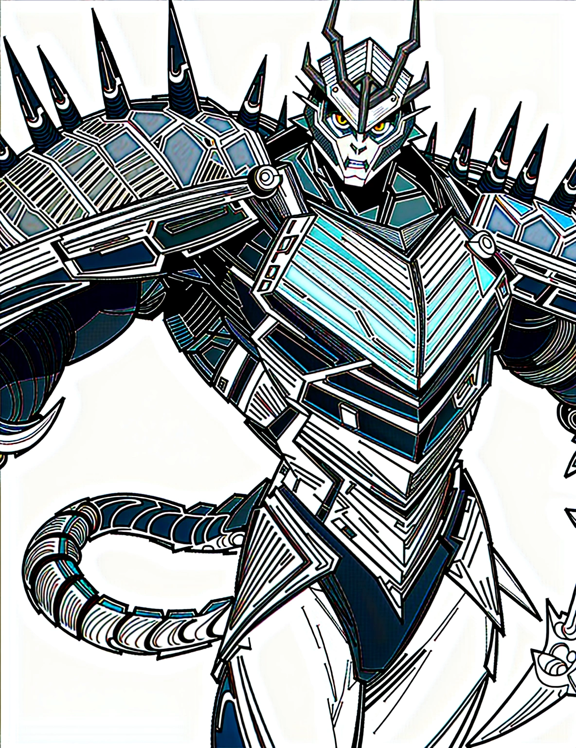 a drawing of a man with a large horned head and a sword, dragon cyborg, cyborg dragon portrait, sharp robot dragon claws, with scaly-looking armor, male robotic anthro dragon, well armored mech dragon, with robot dragon head, robot mecha female dragon head, robot dragon claws, greek god in mecha style, mecha inspired, dragon inspired armor, clean lines, clean lineart, refined, refined details