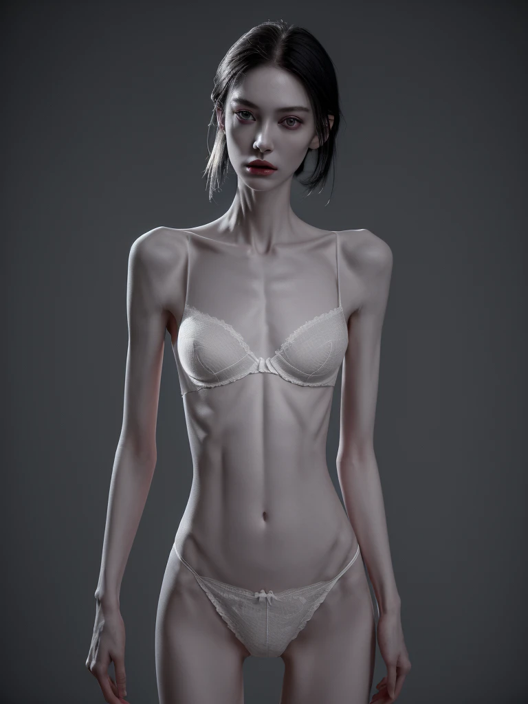 a woman with an extremely thin, emaciated body, visible bones, very slender figure, pale white skin, wearing only panties and a bra, full body tattoo, full body shot, having a mental breakdown, (best quality,4k,8k,highres,masterpiece:1.2),ultra-detailed,(realistic,photorealistic,photo-realistic:1.37),extremely detailed eyes and face,longeyelashes,dramatic lighting,high contrast,cinematic