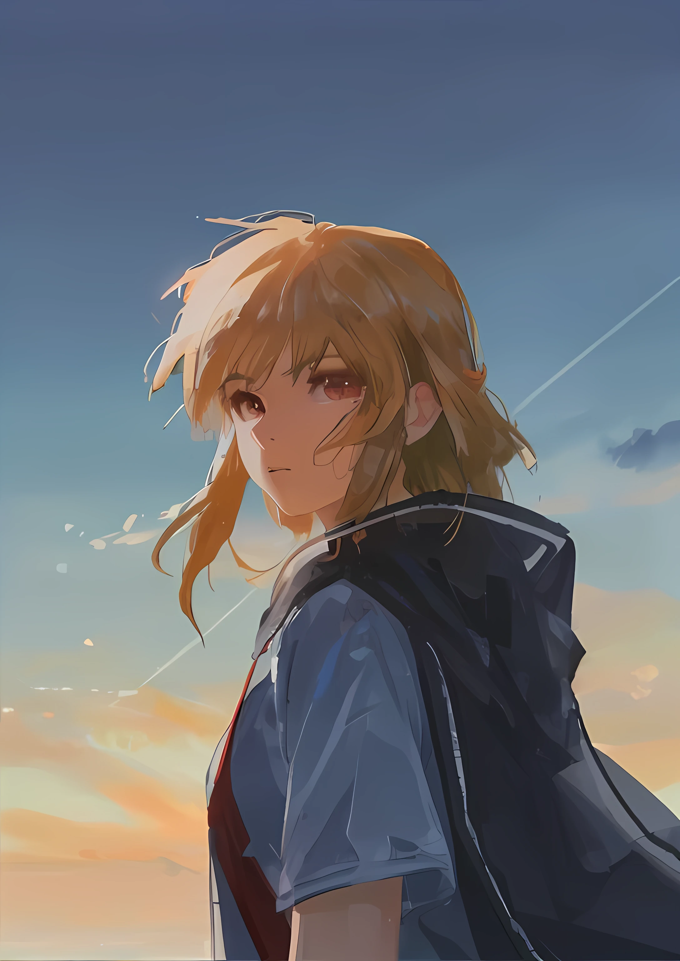 8k,ultrasharp, detailed face, sunset, windy, realistic