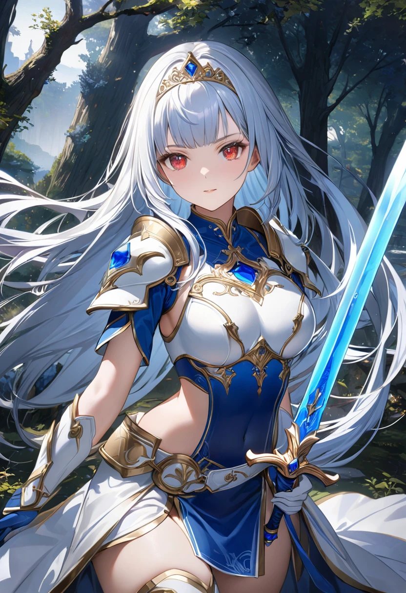 Highest quality、unity 8k wallpaper、32k、masterpiece、Very detailed、Ultra-high resolution、Very detailedな顔, RAW Photos, Professional, Ultra-fine painting,　Blue long straight hair、Platinum tiara with blue gemstones、Red Eyes、(Tree Eyes), Cool and sharp features, Hime cut, 20～A female magical warrior, about 24 years old.、White and gold breastplate、Blue and white leotard、（Blue and white gold-embellished pencil skirt with side armor and long slits）、Half puff sleeves with shoulder pads、A large white ribbon with a large sapphire on the chest、White and blue long gloves、White and blue thigh-high stiletto boots、whole body、Wields a sword with a glowing blue blade、The sword is floating due to magical powers
