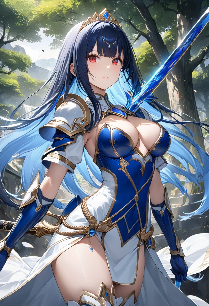 Highest quality、unity 8k wallpaper、32k、masterpiece、Very detailed、Ultra-high resolution、Very detailedな顔, RAW Photos, Professional, Ultra-fine painting, Blue long straight hair、Platinum tiara with blue gemstones、Red Eyes、(Tree Eyes), Cool and sharp features, Hime cut, 20~A female magical warrior, about 24 years old.、White and gold breastplate、Blue and white leotard、(Blue and white gold-embellished pencil skirt with side armor and long slits)、Half puff sleeves with shoulder pads、A large white ribbon with a large sapphire on the chest、White and blue long gloves、White and blue thigh-high stiletto boots、whole body、Wields a sword with a glowing blue blade、The sword is floating due to magical powers