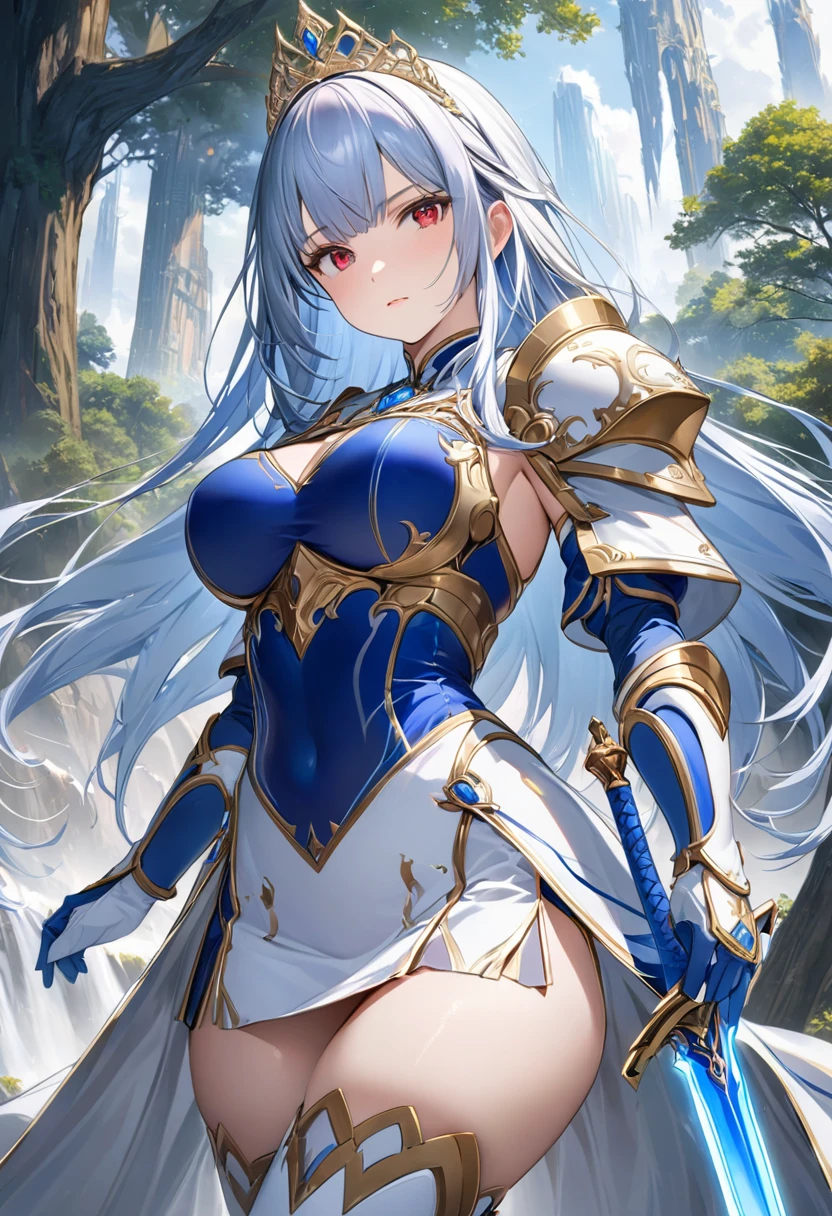 Highest quality、unity 8k wallpaper、32k、masterpiece、Very detailed、Ultra-high resolution、Very detailedな顔, RAW Photos, Professional, Ultra-fine painting, Blue long straight hair、Platinum tiara with blue gemstones、Red Eyes、(Tree Eyes), Cool and sharp features, Hime cut, 20~A female magical warrior, about 24 years old.、White and gold breastplate、Blue and white leotard、(Blue and white gold-embellished pencil skirt with side armor and long slits)、Half puff sleeves with shoulder pads、A large white ribbon with a large sapphire on the chest、White and blue long gloves、White and blue thigh-high stiletto boots、whole body、Wields a sword with a glowing blue blade、The sword is floating due to magical powers