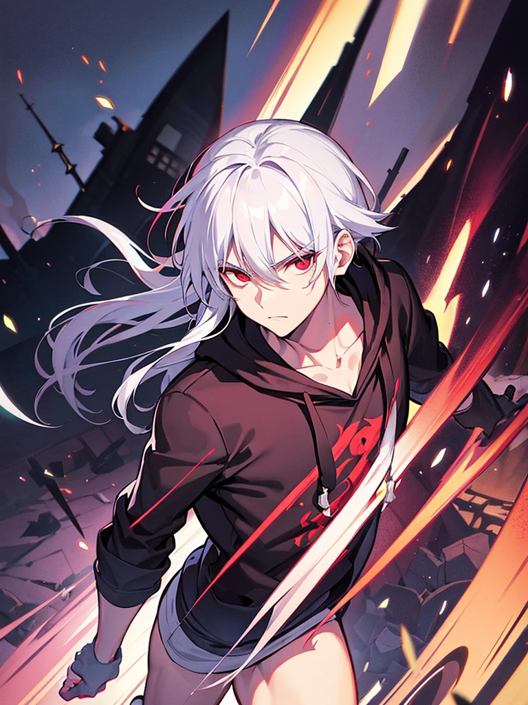 A front of a young man with white hair, red eyes and masculine face. Wearing a black hoodie with purple details. he is in a destroyed city, totally empty. Dungeons and Dragons art direction, studio ghibli Style, light brushstrokes