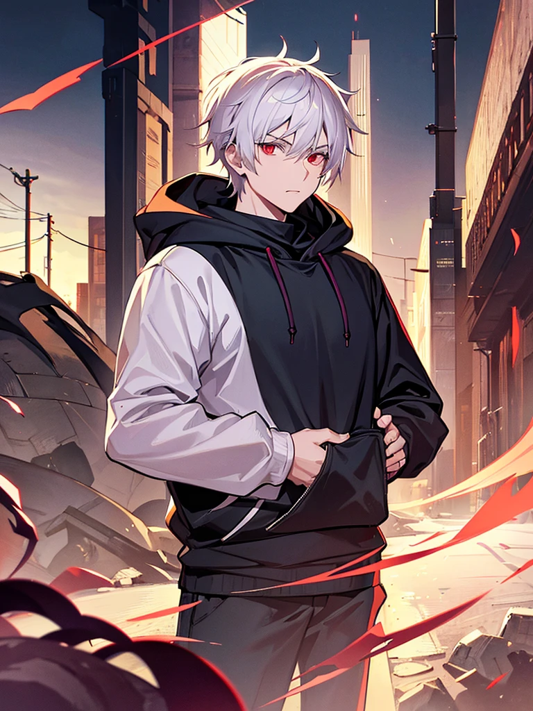 A front of a young man with white hair, red eyes and masculine face. Wearing a black hoodie with purple details. he is in a destroyed city, totally empty. Dungeons and Dragons art direction, studio ghibli Style, light brushstrokes