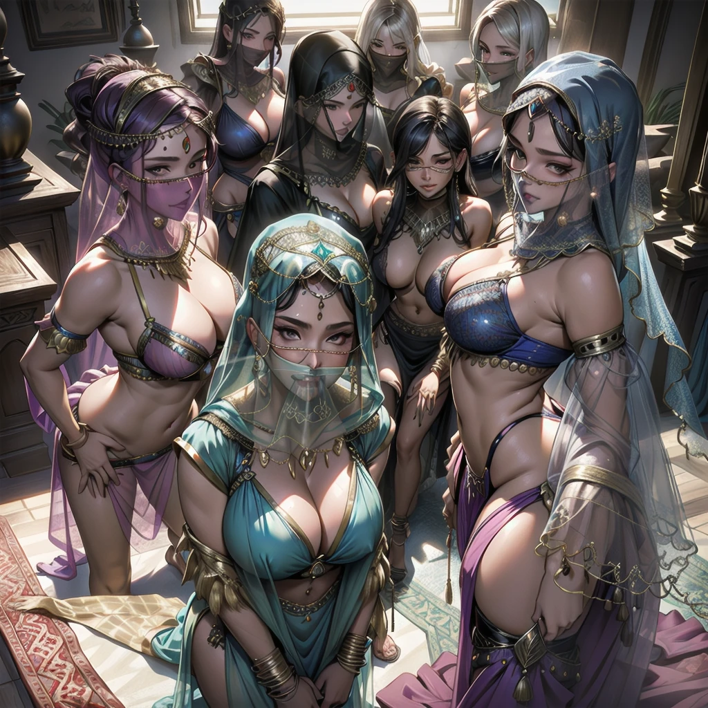 (very detailed, 4k, photorealistic), (camera angle from the top), harem-clothes, harem, jewelry, veil, see-through, mouth veil, navel piercing, ((5 mature woman, Group photo:1.4), (detailed face, detailed features, detailed eyes, detailed nose, detailed mouth), rounded bums, cleavage, (classroom: 1.1), arabian nights, harem, nsfw, sexy