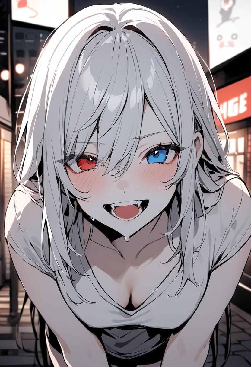 (masterpiece:1.2)、Highest quality、PIXIV、Rebellious girl、One girl、Open your mouth、鋭いteeth、teeth、Long Hair、Street background、Bright red and blue eyes、Upper Body、smile、Focus on the viewer、Chest in the center、Shoulder Bare、Belly button、Black and white hair color,leaning forward,Night view,Black and white grey outfit,Overflowing drool、saliva、White Breath、Sigh,Pull your mouth with your fingers、An excited look,fallatio,A world in black and white,heterochromia、Depicted in black and white