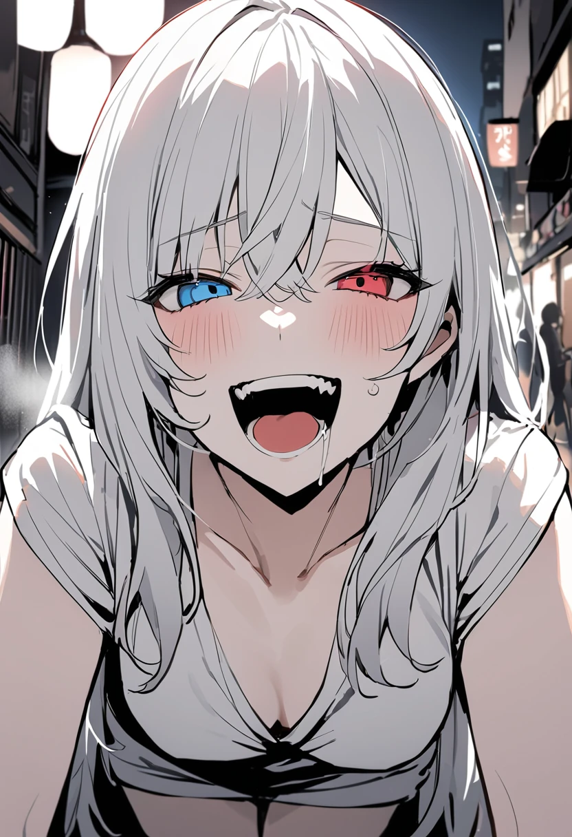 (masterpiece:1.2)、Highest quality、PIXIV、Rebellious girl、One girl、Open your mouth、鋭いteeth、teeth、Long Hair、Street background、Bright red and blue eyes、Upper Body、smile、Focus on the viewer、Chest in the center、Shoulder Bare、Belly button、Black and white hair color,leaning forward,Night view,Black and white grey outfit,Overflowing drool、saliva、White Breath、Sigh,Pull your mouth with your fingers、An excited look,fallatio,A world in black and white,heterochromia、Depicted in black and white