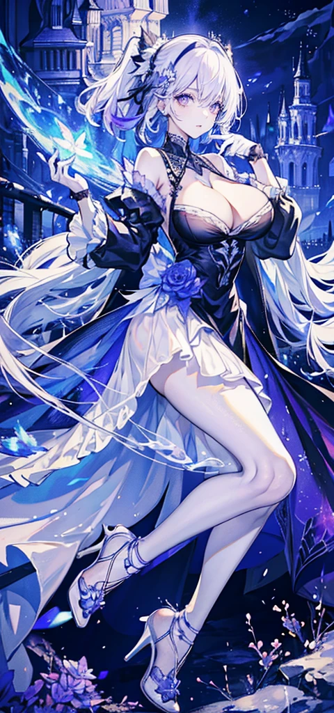 （（masterpiece：1.4，best quality）），（Super detailed），（Extremely detailed eyes），（Shiny socks：1.5），Hello Darkness
（Cute girls），，（Blood-red pupils，Diamond-shaped pupil：1.15），Purple Eyeshadow，（elongated hair，Thick hair，Single ponytail，shiny hair：1.5）（Changes through：1.2），despair，sad，Empty eyes，tears streaming down my face，tilting its head to the side，
（She wore a blue dress，：1.5），（Black gloves：1.4）Very long plush sleeves，White，White Cloud，Dream bubbles ，Ice and glitter effects
（Black long skirt：1.1），
（（Starry Sky：1.2）），
（Intense black and white：1.16），（Depth of Field：1.4），，Intricate details，(((Detailed background，Castle in the Sky，Purple flowers by the lake)))，(((Huge breasts，Bare breasts，Deep cleavage，White stiletto high heels，Transparent clothes)))