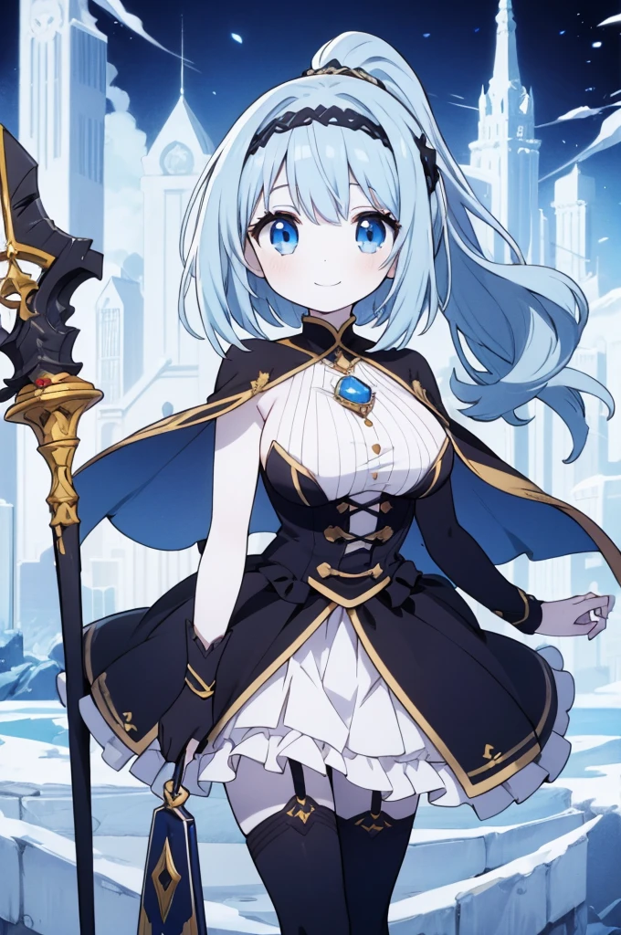 Fantasy,((Masterpiece)),((high resolution)),((Best Quality)),Anime illustration,((1girl)),(wavy hair),(short hair),(pale blue hair color),ponytail,headband,Big, round, blue eyes,Droopy eyes,,baby face anasts,(big breasts),Short stature,,ice wizard,sleeveless white blouse,Blue mini skirt,slit,Brown corset,brown capelet,smile,,Brown long boots,wizard's wand with blue gem,