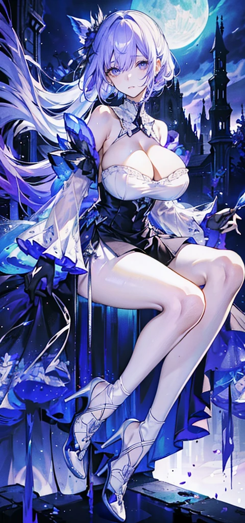 （（masterpiece：1.4，best quality）），（Super detailed），（Extremely detailed eyes），（Shiny socks：1.5），Hello Darkness
（Cute girls），15 years old，（Blood-red pupils，Diamond-shaped pupil：1.15），Purple Eyeshadow，（elongated hair，Thick hair，Single ponytail，shiny hair：1.5）（Changes through：1.2），despair，sad，Empty eyes，tears streaming down my face，tilting its head to the side，
（She wore a blue dress，：1.5），（Black gloves：1.4）Very long plush sleeves，White，White Cloud，Dream bubbles ，Ice and glitter effects
（Black long skirt：1.1），
（（Starry Sky：1.2）），
（Intense black and white：1.16），（Depth of Field：1.4），，Intricate details，(((Detailed background，Castle in the Sky，Purple flowers by the lake)))，(((Huge breasts， breasts，Deep cleavage，White stiletto high heels， clothes)))