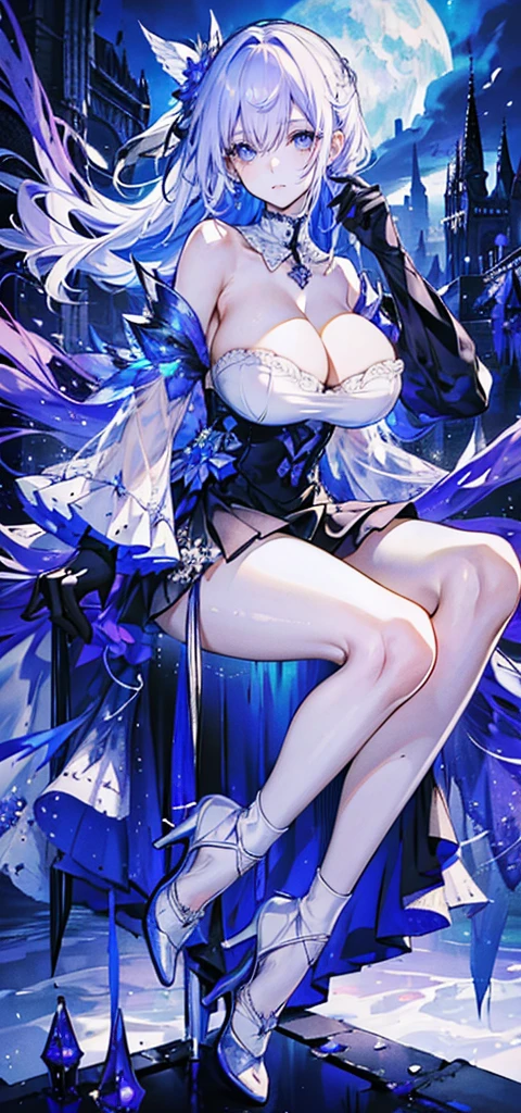 （（masterpiece：1.4，best quality）），（Super detailed），（Extremely detailed eyes），（Shiny socks：1.5），Hello Darkness
（Cute girls），15 years old，（Blood-red pupils，Diamond-shaped pupil：1.15），Purple Eyeshadow，（elongated hair，Thick hair，Single ponytail，shiny hair：1.5）（Changes through：1.2），despair，sad，Empty eyes，tears streaming down my face，tilting its head to the side，
（She wore a blue dress，：1.5），（Black gloves：1.4）Very long plush sleeves，White，White Cloud，Dream bubbles ，Ice and glitter effects
（Black long skirt：1.1），
（（Starry Sky：1.2）），
（Intense black and white：1.16），（Depth of Field：1.4），，Intricate details，(((Detailed background，Castle in the Sky，Purple flowers by the lake)))，(((Huge breasts，Bare breasts，Deep cleavage，White stiletto high heels，Transparent clothes)))