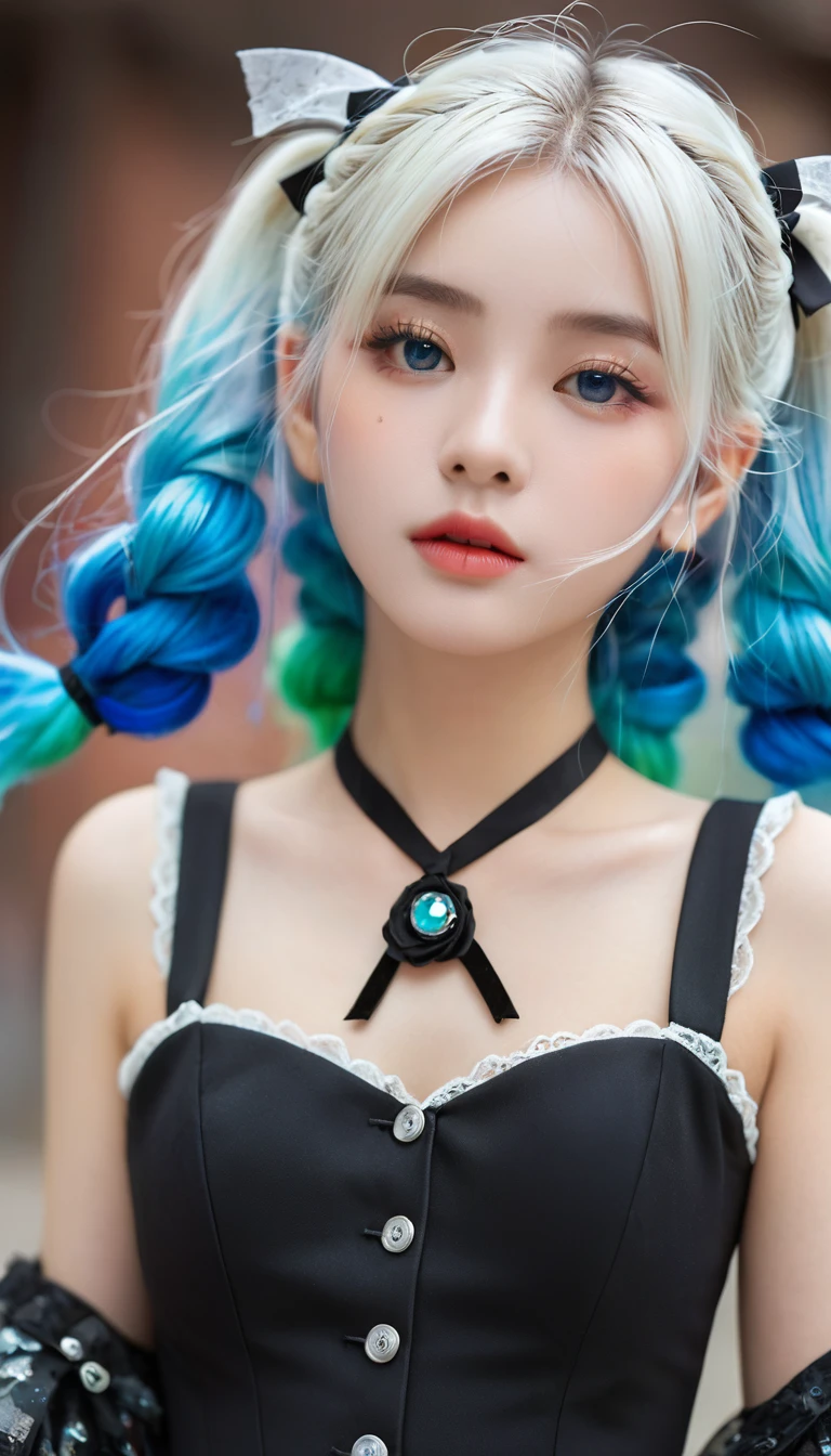 (1girl),gothic,twintails,white hair, organza lace,Gorgeous and fussy clothes,gothic, flying, blue, (colorful), bold strokes, gradient blends, motion blur, shimmering textures, dynamic composition, atmospheric perspective, impressionistic, , (masterpiece), (best quality), Amazing, (beautiful detailed eyes), (finely detail), Depth of field, extremely detailed CG, original, extremely detailed wallpaper, (vivid colors), cinematic lighting,  (colorful), blush,