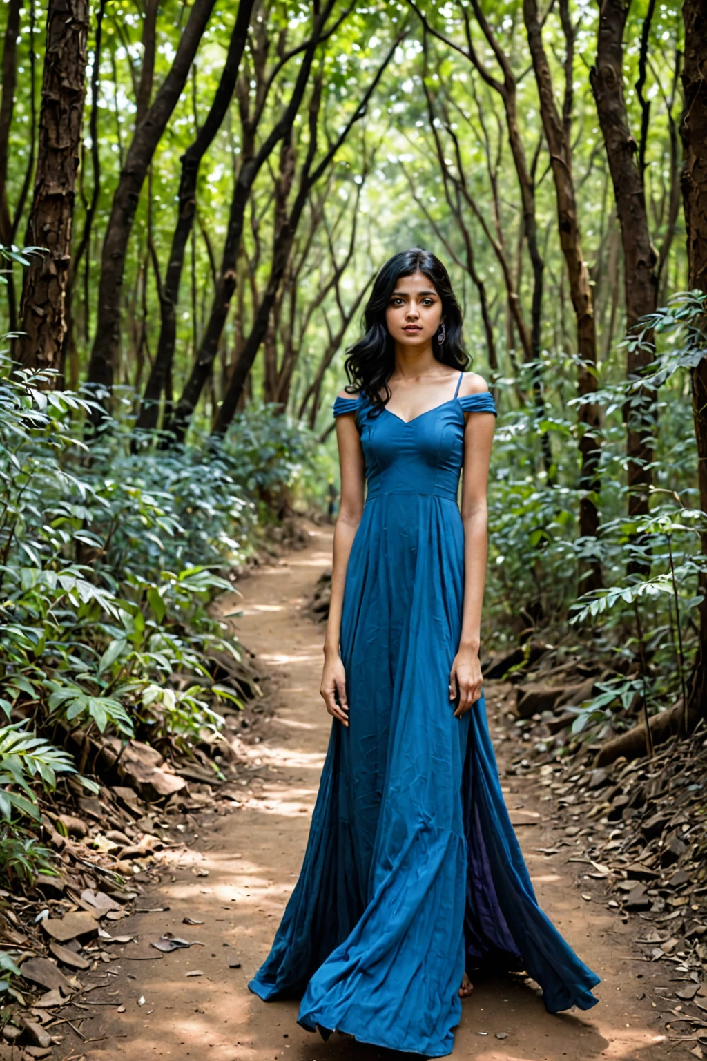 20yo woman, standing in the middle of a winding forest path in India, in Summer, wearing a blue gown, black hair.