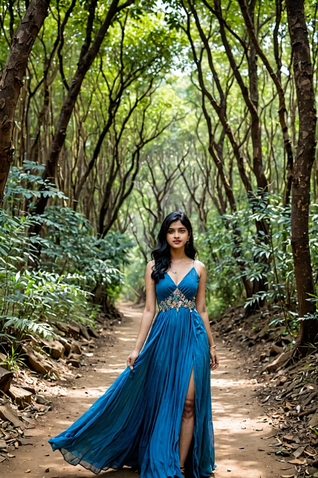 20yo woman, standing in the middle of a winding forest path in India, in Summer, wearing a blue gown, black hair.