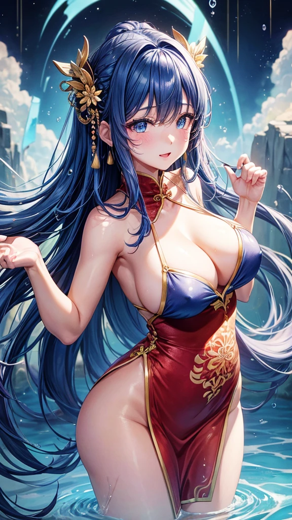 She is touching her clit in her Chinese dress、8K、、Highest quality、Tabletop、Ultra HD、Ultra-detailed、so beautiful、Ultra-detailed髪質、so beautiful、Portrait、Esbian all over、Captivating look、Beautiful woman、Long Blue Hair、blue eyes、Glowing Skin、bursting breasts、Very large breasts、Very big ass、Water droplets running down the skin、The background is a great night pool、naked、Excessive pubic hair growth、Two arms、Two Legs、I can see the、blush、She looks like she's feeling good、Detailed and high resolution clothing fabric、I want to see her pussy、彼女のI can see the、The Chinese dress has a honeycomb pattern.、Sweat dripping down my entire body、Wearing sexy pantyhose、She's human、Her nipples are visible、I can see her pussy