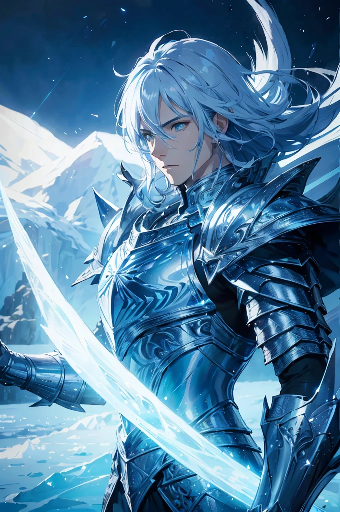 Ice knight, beautiful man with fine armor, intricate design, ocean blue details, silk, cinematic lighting, 4k, floating hair, sharp, prism, shining knight. Man with details armor.