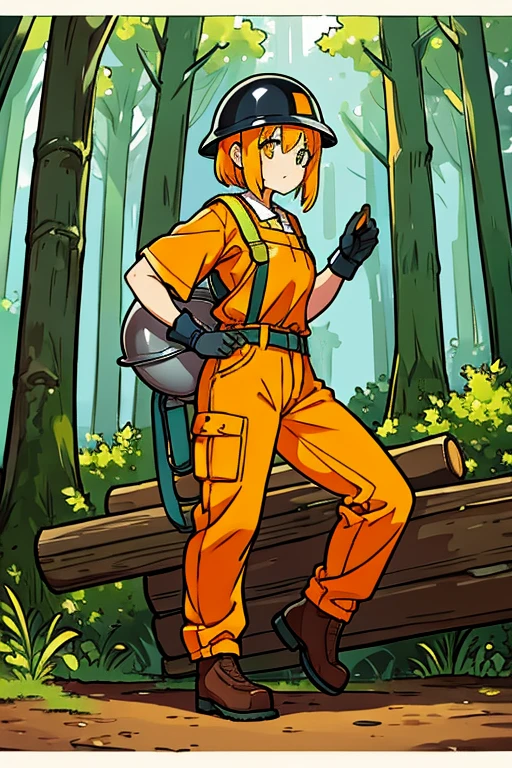 forestry、girl、in the forest、Orange workwear、Boots、gloves、logging、Long trousers、Helmet、Mulberry