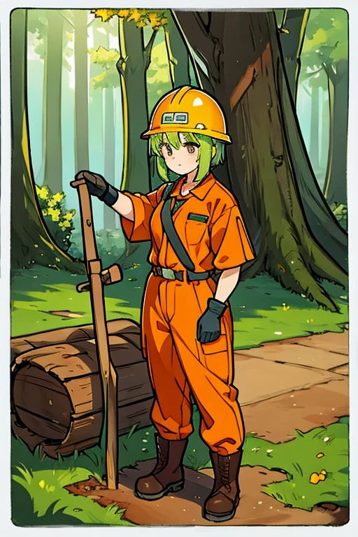 forestry、girl、in the forest、Orange workwear、Boots、gloves、logging、Long trousers、Helmet、Mulberry
