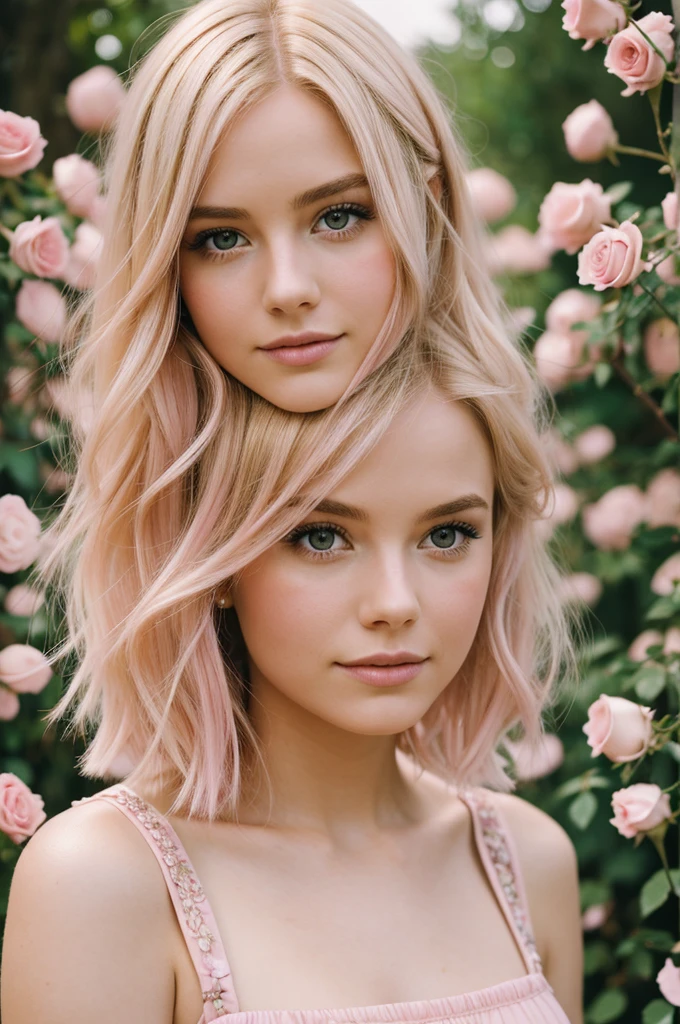 8k, RAW photo, Fujifilm, style photo of a beautiful young woman as avril in a garden of light pink roses (highly detailed skin: 1.2) Style-Petal BREAK short hair, blonde hair with colored locks, wearing a dress, film granulation, 35mm, cute style