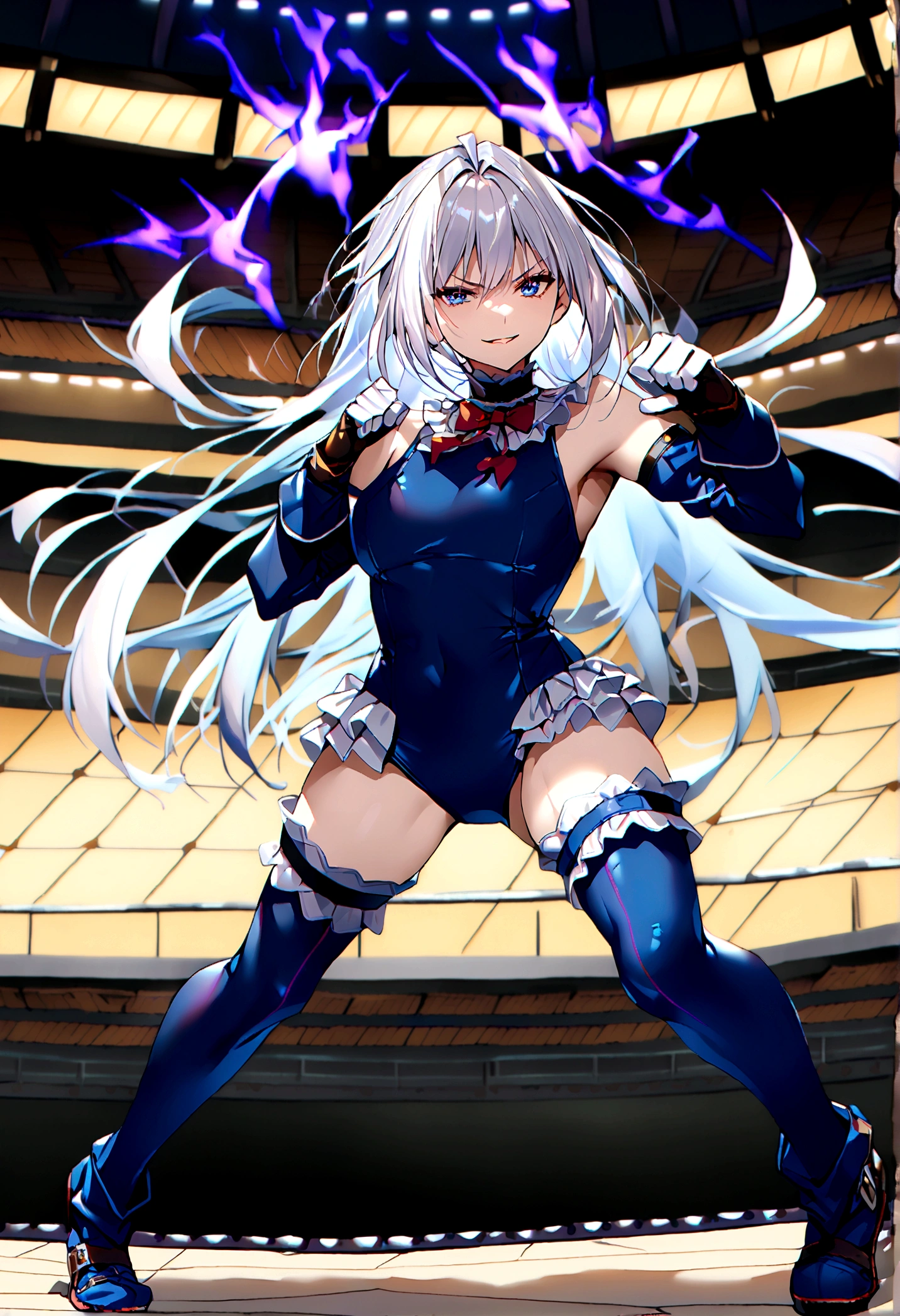 1girl, full body,dark aura,evil smile, 1girl,(Silver Hair:1.4),Very long hair,(Arena:1.4), frilled choker, red bowtie, blue one-piece swimsuit, frilled swimsuit, blue sleeves, detached sleeves, gloves, blue thighhighs, frilled thighhighs,fight pose, 