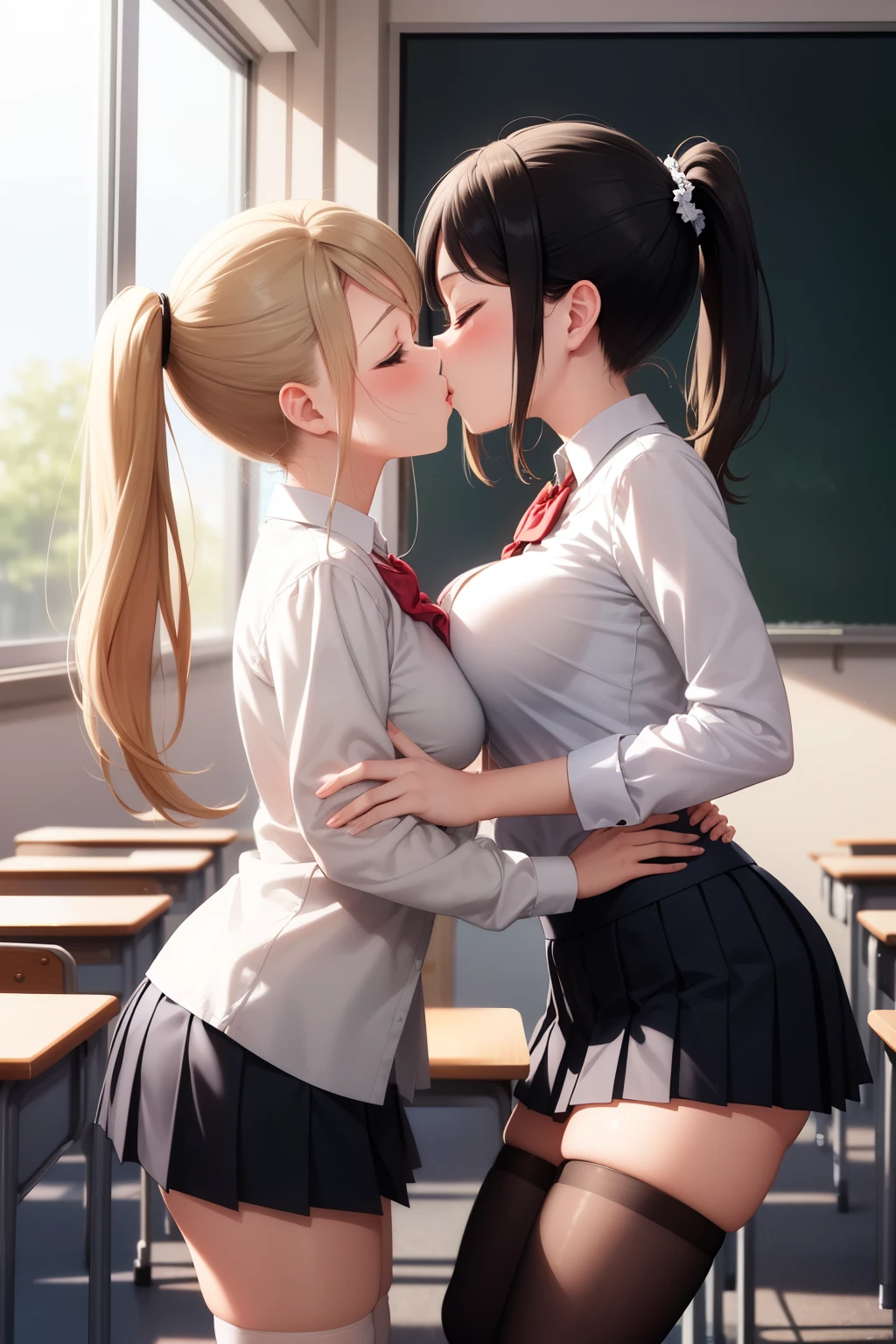 masterpiece, best quality, highly detailed, ultra high res, ayase arisa, 2girls, ((mutiple girls)), hair ornament, glossy lips, medium breasts, white shirt, pleated miniskirt, thigh highs, school, classroom, ponytail, twintails, eyes closed, facing each other, kissing