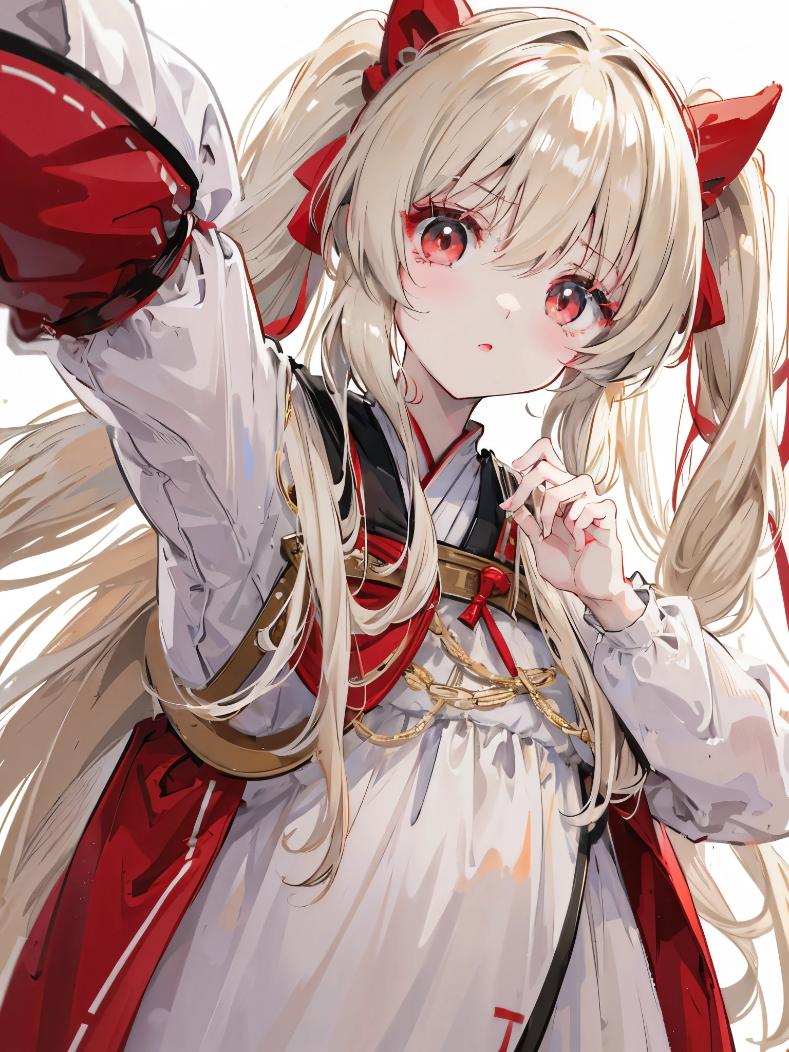 Beige hair and red eyes、Twin tails、Very long hair、Shiny Hair、high quality、Simple Background、White Background、Large coat、