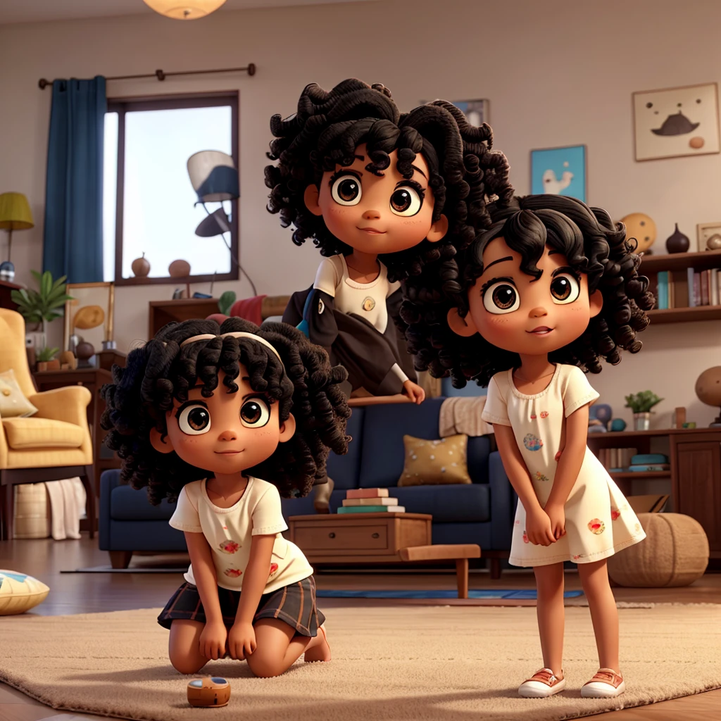 A with curly black hair and big eyes in a living room playing on a rug with children's toys with her little brother.