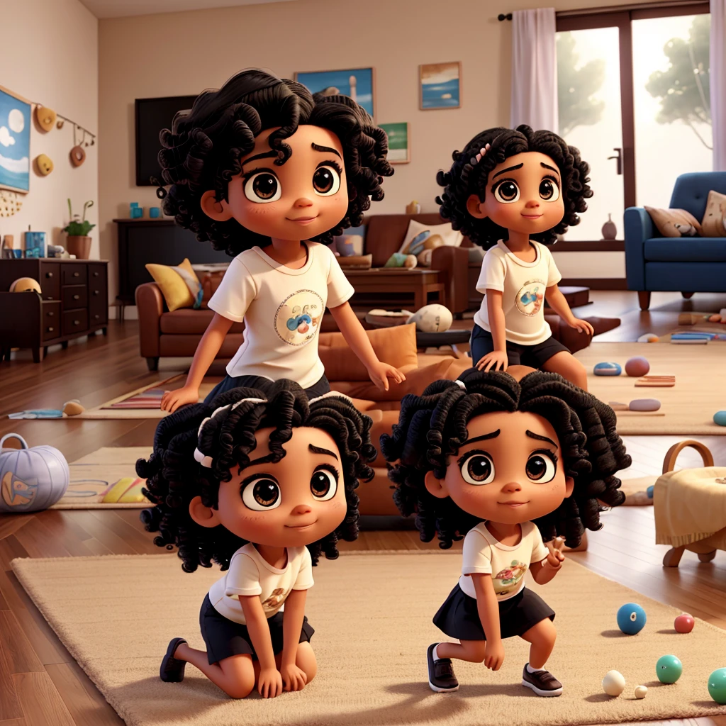 A with curly black hair and big eyes in a living room playing on a rug with children's toys with her little brother.