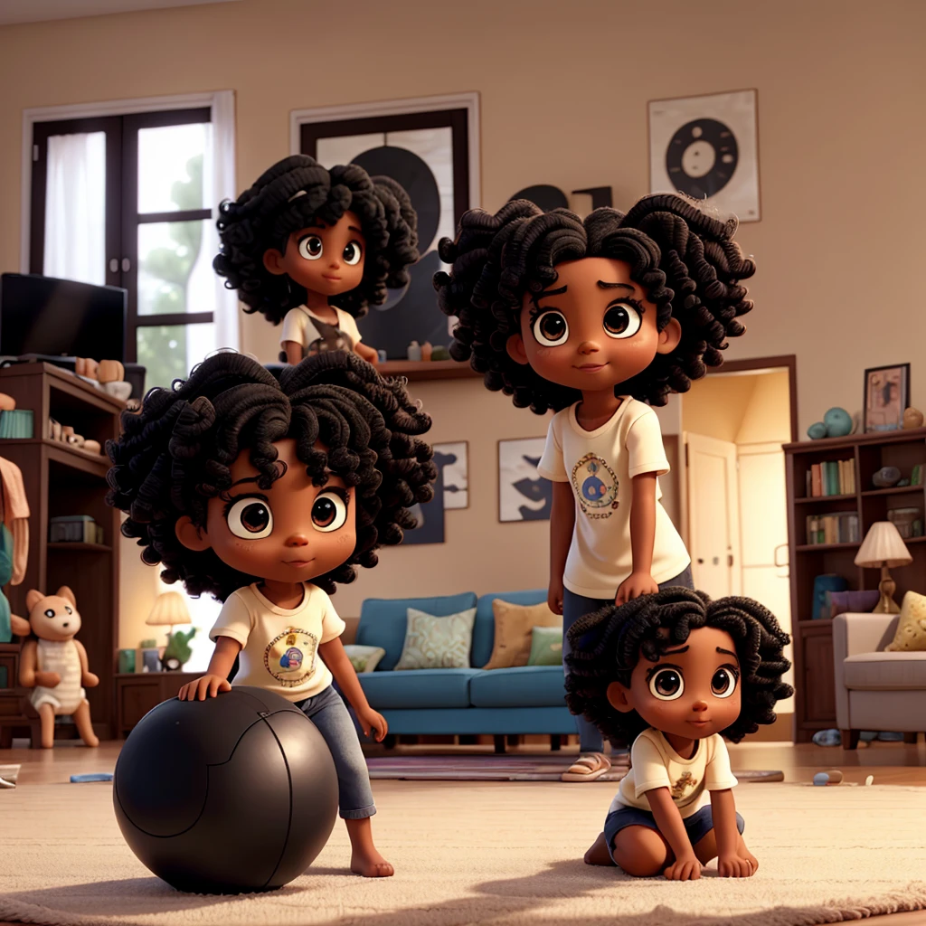 A with curly black hair and big eyes in a living room playing on a rug with children's toys with her little brother.