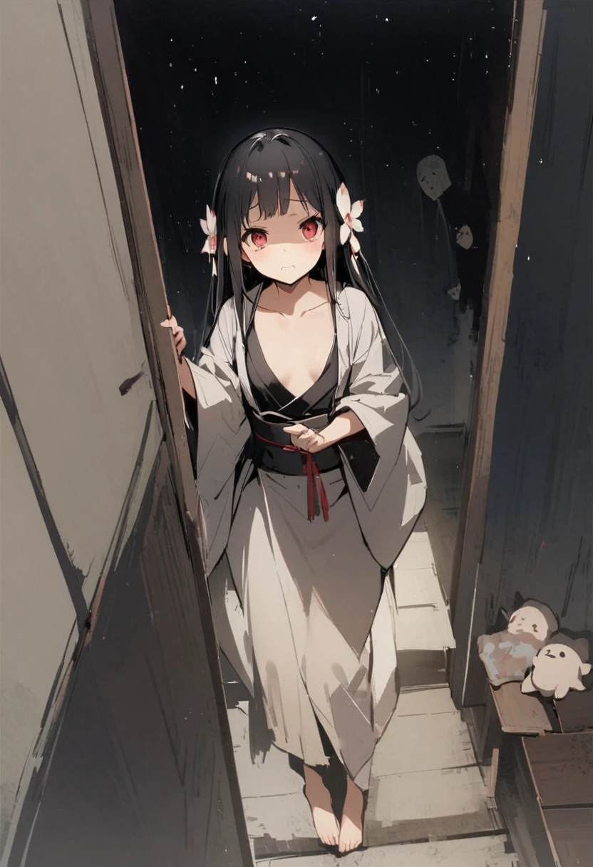 Zashiki-warashi、Apparition、ghost、pillow、Run、Japanese style、corridor、ghost屋敷、darkness、Late Night、kimono、Bob、Girl、Girl、Younger、Baby Face、flat chest、Black Long Hair、Dynamic Angle、Displeased、Eyes open、ball、Flower Hair Ornaments、barefoot、Speed