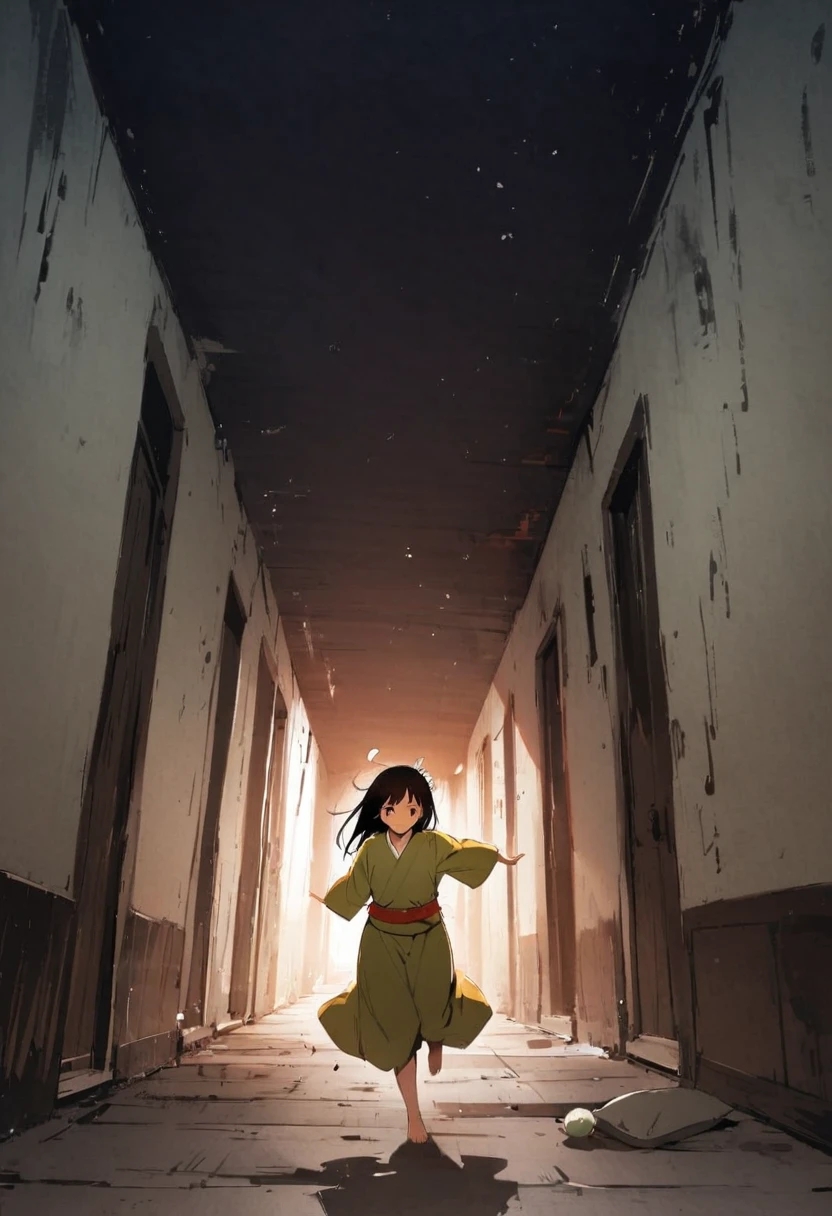 Zashiki-warashi、Apparition、ghost、pillow、Run、Japanese style、corridor、ghost屋敷、darkness、Late Night、kimono、Bob、Girl、Girl、Younger、Baby Face、flat chest、Black Long Hair、Dynamic Angle、Displeased、Eyes open、ball、Flower Hair Ornaments、barefoot、Speed
