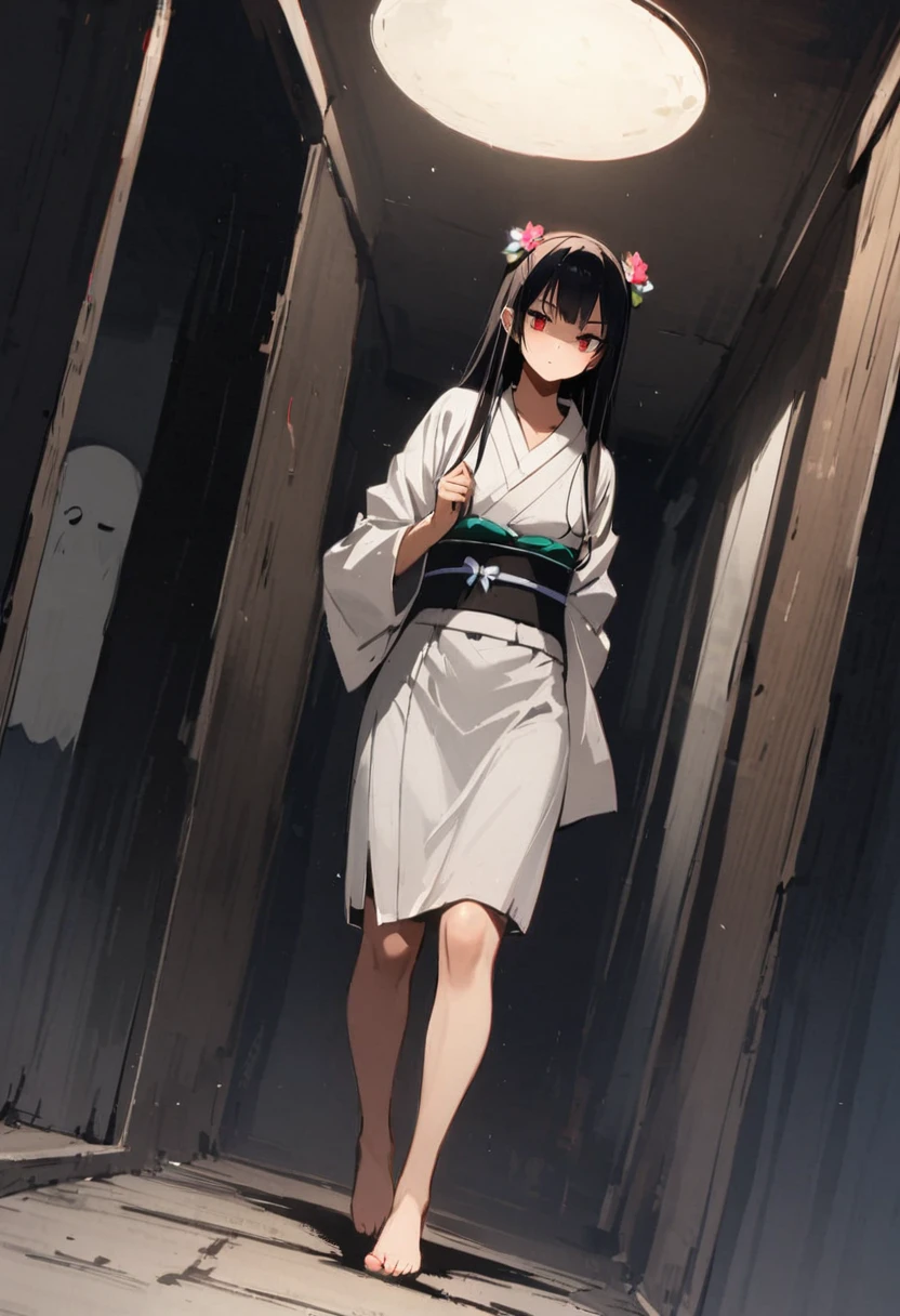 Zashiki-warashi、Apparition、ghost、pillow、Run、Japanese style、corridor、ghost屋敷、darkness、Late Night、kimono、Bob、Girl、Girl、Younger、、flat chest、Black Long Hair、Dynamic Angle、Displeased、Eyes open、ball、Flower Hair Ornaments、barefoot、Speed
