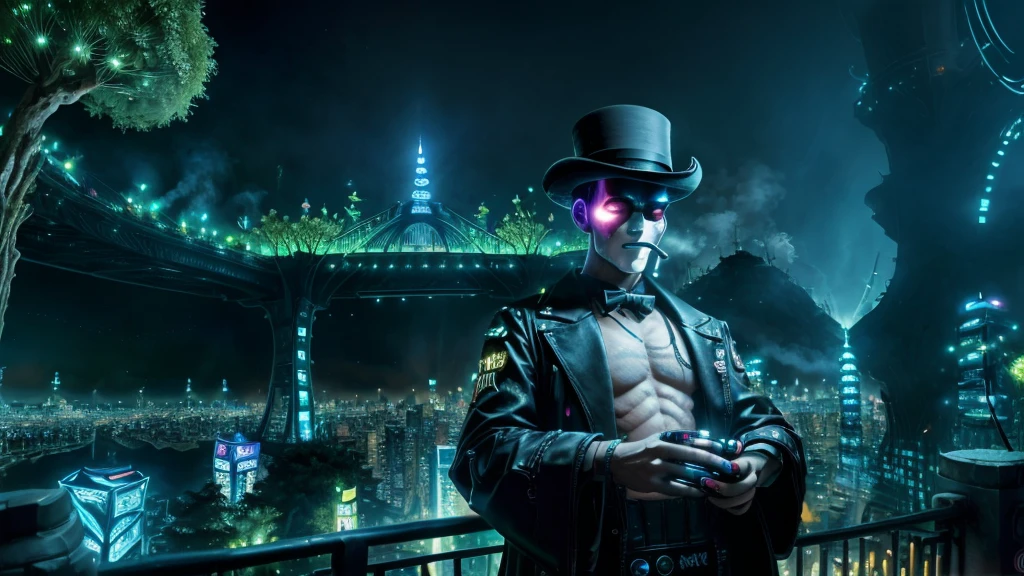 8K, Alien wearing a top hat and smoking a cigarette, Hyper, cyber punk, Made from ruins, Skyscraper, Taipei City, Painting of a tree with a bridge, Fantasy valley with trees, Highly detailed fantasy, Fantasy Tree, Colorful detailed dreamscape, Cosmic Tree of Life, Boy looking at pictures