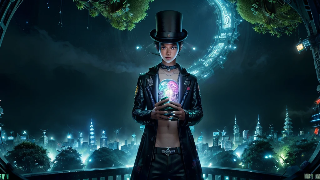 8K, Alien wearing a top hat and smoking a cigarette, Hyper, cyber punk, Made from ruins, Skyscraper, Taipei City, Painting of a tree with a bridge, Fantasy valley with trees, Highly detailed fantasy, Fantasy Tree, Colorful detailed dreamscape, Cosmic Tree of Life, Boy looking at pictures
