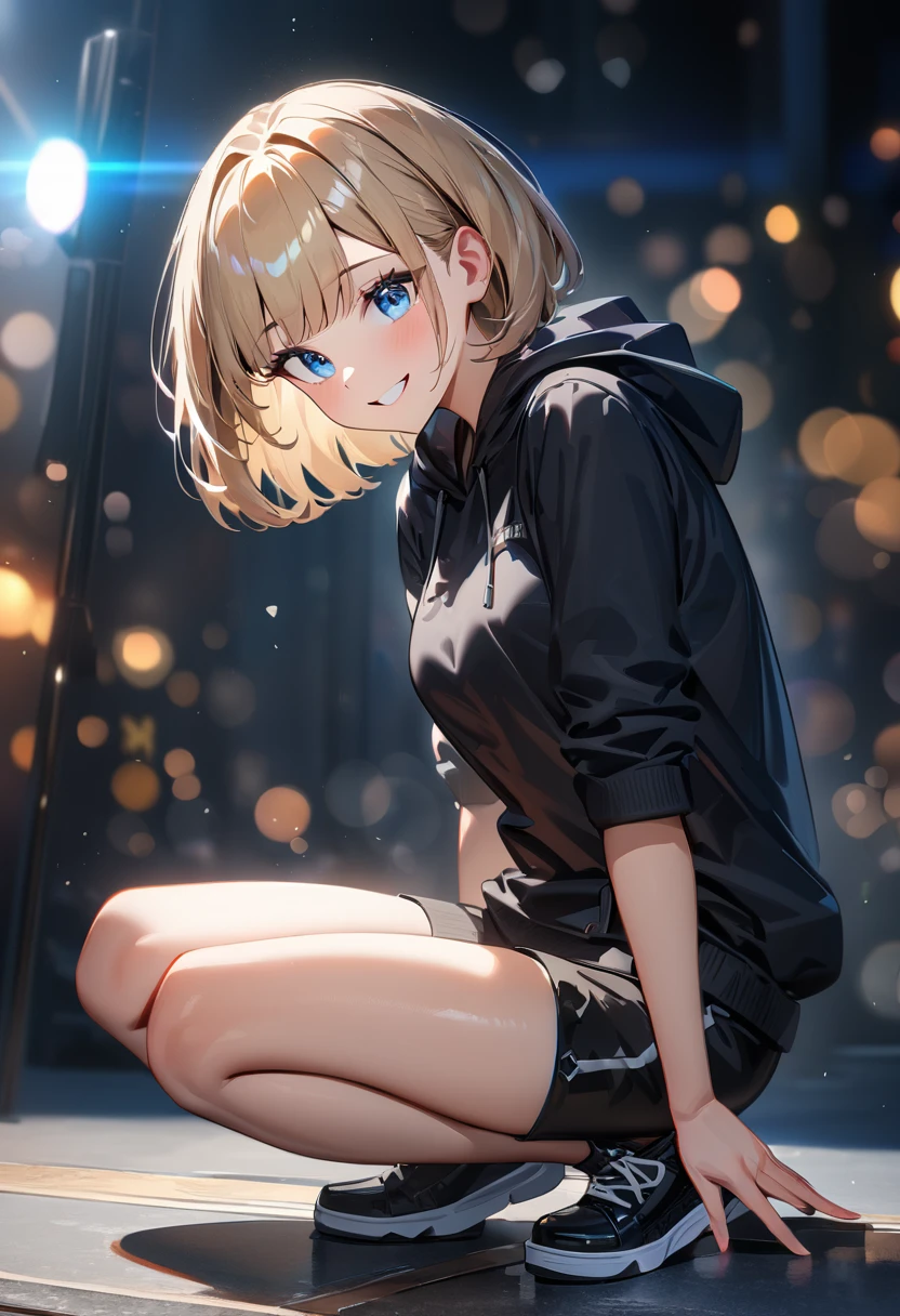 (((One girl))), Shibuya, street, blond hair, bob cut, (looking at viewer), (((full body))), squatting, spread legs, ((arm support on legs)), breasts, teenager, head tilt:1.3, (((blue eye))), constricted pupils, (from side:1.3), ((happy smile)), (((black hoodie:1.3, black shorts:1.3))), bare legs, ((black platform high cut sneakers)), anime style, (best quality, 4k, 8k, highres, masterpiece:1.2, ultra-detailed, ultra-detailed eyes, HDR, UHD, studio lighting, ultra-fine painting, sharp focus, physically-based rendering, extreme detail description, professional, vivid colors, bokeh)