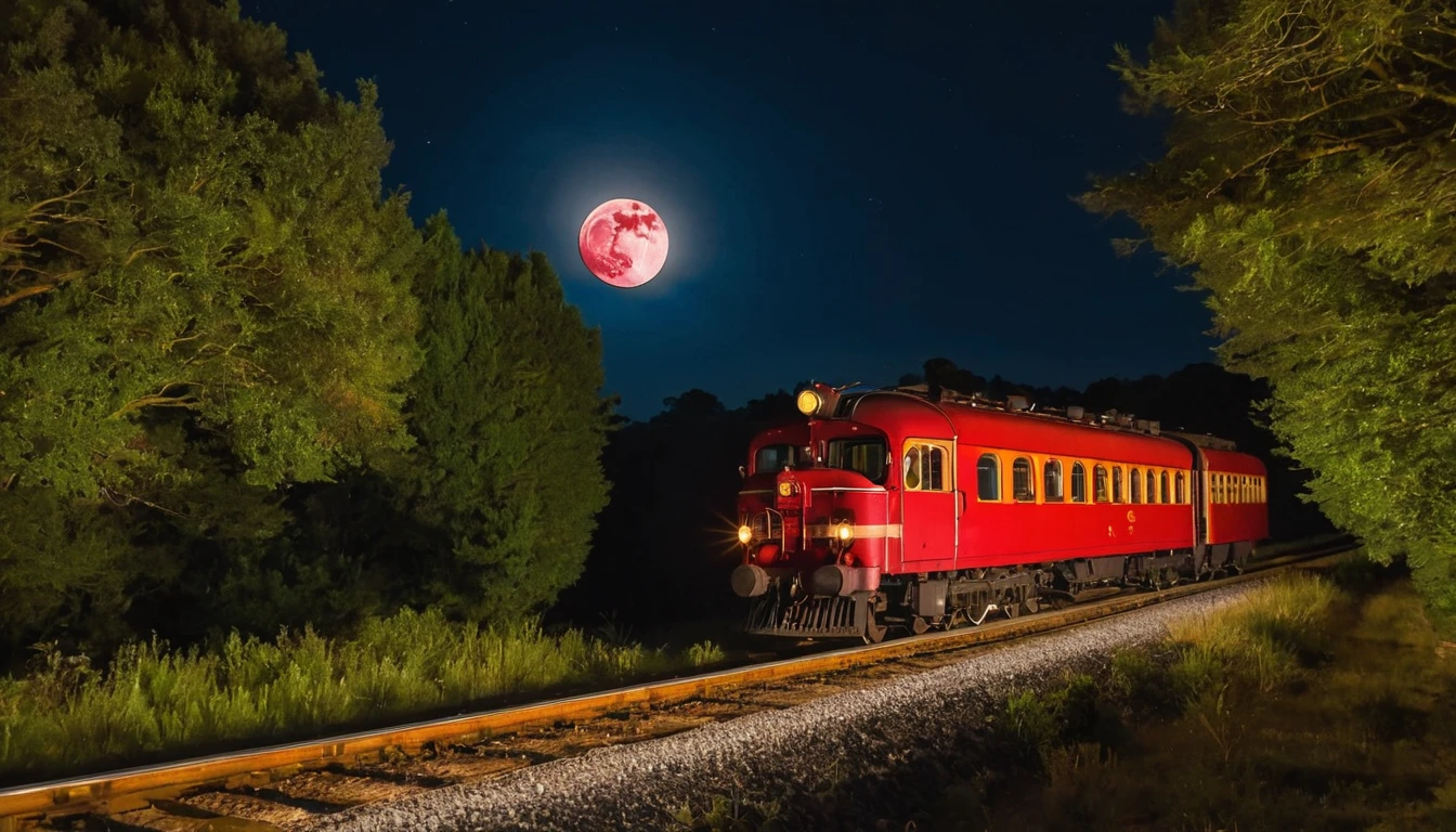 A old train, mostly red, traveling in the night, with the full moon and the night sky showing. It's traveling in a road by the florest, in a clareira where it make its stop.