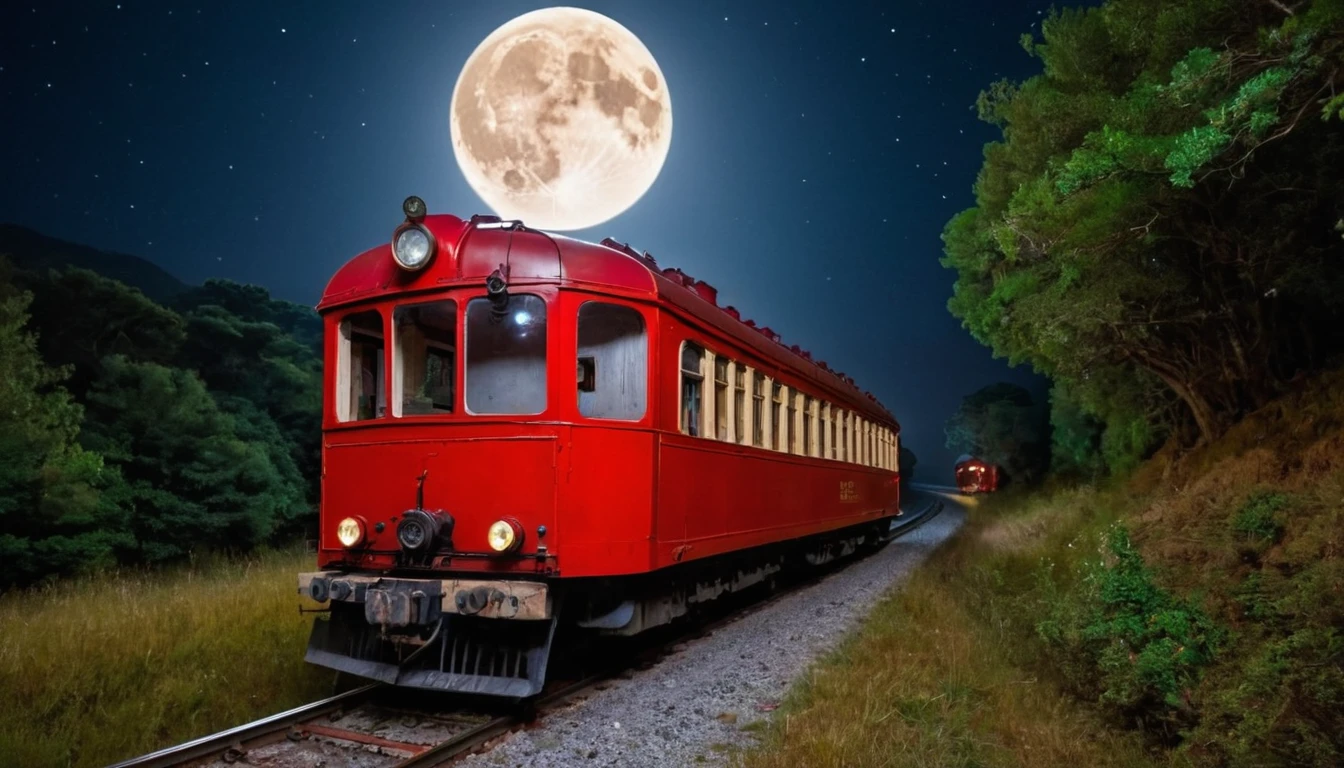 A old train, mostly red, traveling in the night, with the full moon and the night sky showing. It's traveling in a road by the florest, in a clareira where it make its stop.