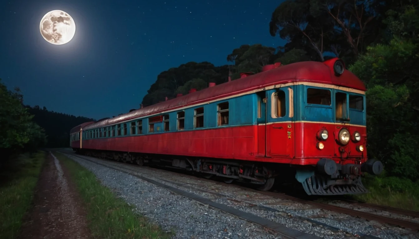 A old train, mostly red, traveling in the night, with the full moon and the night sky showing. It's traveling in a road by the florest, in a clareira where it make its stop.