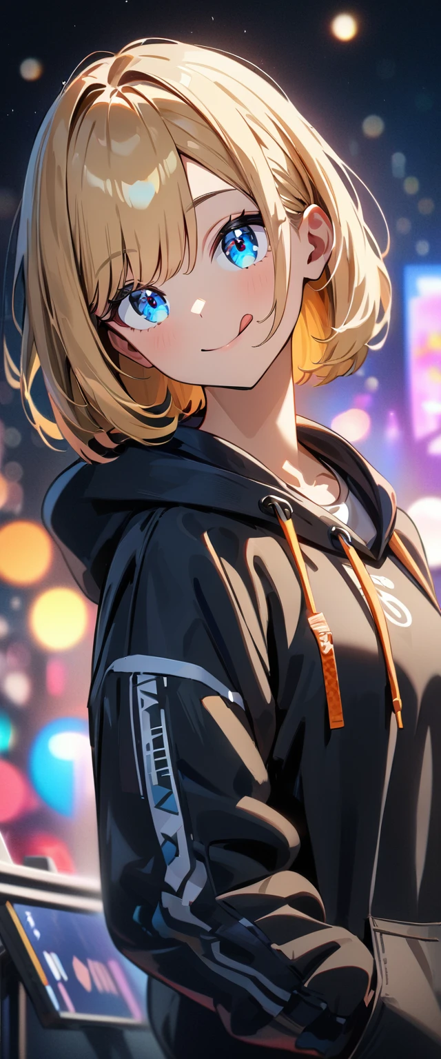 (((One girl))), blond hair, bob cut, (upper body), (looking at viewer), breasts, teenager, head tilt:1.3, (((blue eye))), (from side), hand in pocket, ((happy smile)), tongue out, black hoodie, black shorts, anime style, (best quality, 4k, 8k, highres, masterpiece:1.2, ultra-detailed, ultra-detailed eyes, HDR, UHD, studio lighting, ultra-fine painting, sharp focus, physically-based rendering, extreme detail description, professional, vivid colors, bokeh)