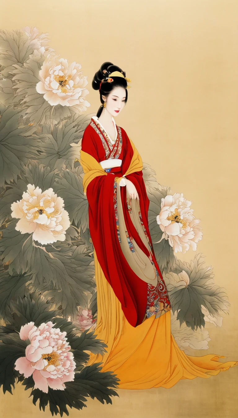 painting of a woman in a red and yellow dress and a yellow and red dress, ancient chinese beauties, ancient chinese princess, ancient asian dynasty princess, ancient china art style, chinese princess, ancient chinese goddess, traditional chinese painting, wearing ancient chinese clothes, palace , a girl in hanfu, inspired by Qiu Ying, chinese style painting, chinese empress