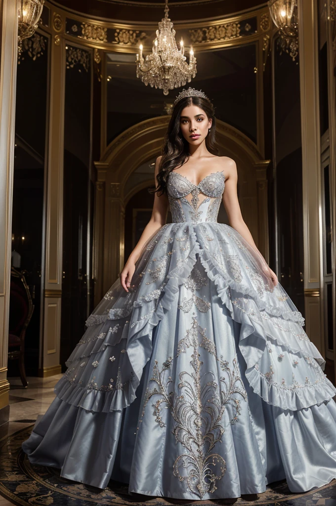 The gown is a masterpiece of tulle, lace, and beads, creating a voluminous and opulent silhouette that gleams under the light. The bodice is fitted and embroidered with intricate silver beading, while layers of wispy tulle fan out from the waist to create a fairy-tale like appearance. The gown is the epitome of drama and glamour, perfect for a Cinderella-inspired masquerade ball from Valentino brand. The mask, a work of art in itself. The mask is crafted from white lace, encrusted with shimmering pearls and iridescent sequins. It is adorned with delicate ribbons that flutter softly like the wings of a fairy, creating a striking contrast against the white gown. Brand was Gucci. Full photo body overall