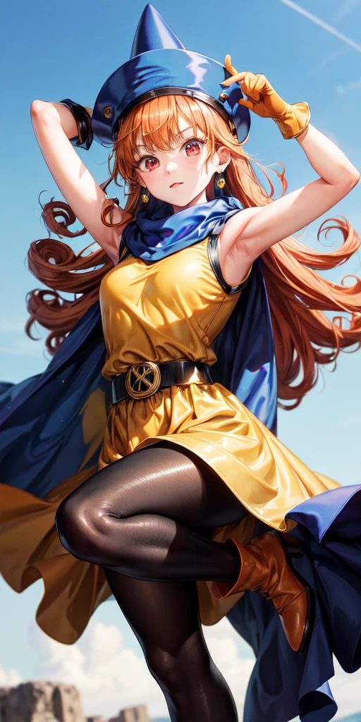 1girl,solo,dq4-alena,black pantyhose,blue cape,blue headwear,boots,curly hair,earrings,long hair,orange gloves,orange hair,red eyes,sleeveless,yellow dress,yellow skirt,dynamic pose,small breasts,(shiny,shiny dress:1.1)jumping,v-shaped eyebrows,fine weather, (masterpiece), (best quality), (ultra-detailed), intricate detail,, (masterpiece), (best quality), (ultra-detailed), intricate detail,