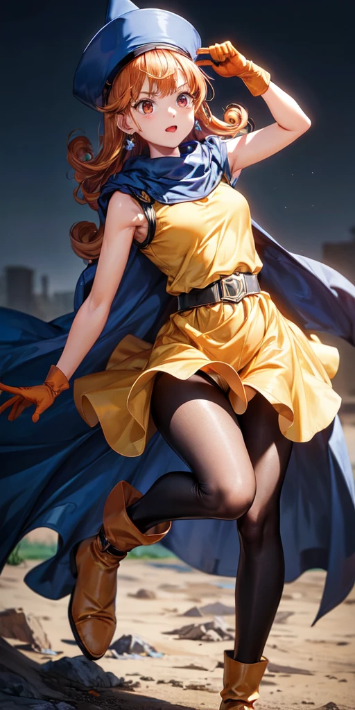 1girl,solo,dq4-alena,black pantyhose,blue cape,blue headwear,boots,curly hair,earrings,long hair,orange gloves,orange hair,red eyes,sleeveless,yellow dress,yellow skirt,dynamic pose,small breasts,(shiny,shiny dress:1.1)jumping,v-shaped eyebrows,fine weather, (masterpiece), (best quality), (ultra-detailed), intricate detail,, (masterpiece), (best quality), (ultra-detailed), intricate detail,