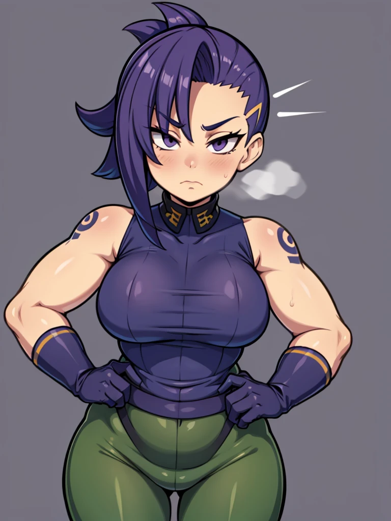 athletic russian female covered in tattoos, wearing military gear, has long deep purple hair with a buzz undercut, alone, solo, (ALONE)(SOLO), female soldier, sleeveless