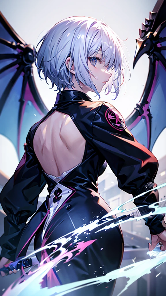 profile background, anime girl, serious face, fringe, short white hair, eyes purple, martial arts clothing, high-res portrait, detailed eyes and face, character, fantasy, with a blue dragon behind, advanced urban, looking from behind at viewer, 4K, high resolution