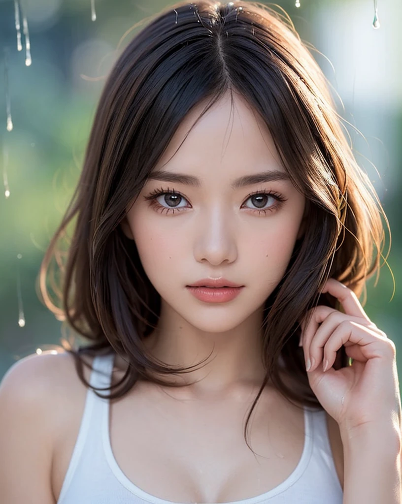 (Best quality, 4k, Masterpiece :1.3), pretty woman, 1girl, sexy :1.1, dark brown hair: 1.1, (rainy wet, wet from rain, wet body :1.2), white tank tops, ultra-detailed face, detailed lips, detailed eyes, double eyelid